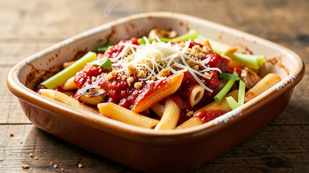 Baked Red Sauce Pasta Recipe: Celery Crown Crunch Over Smoky Tomato Twist