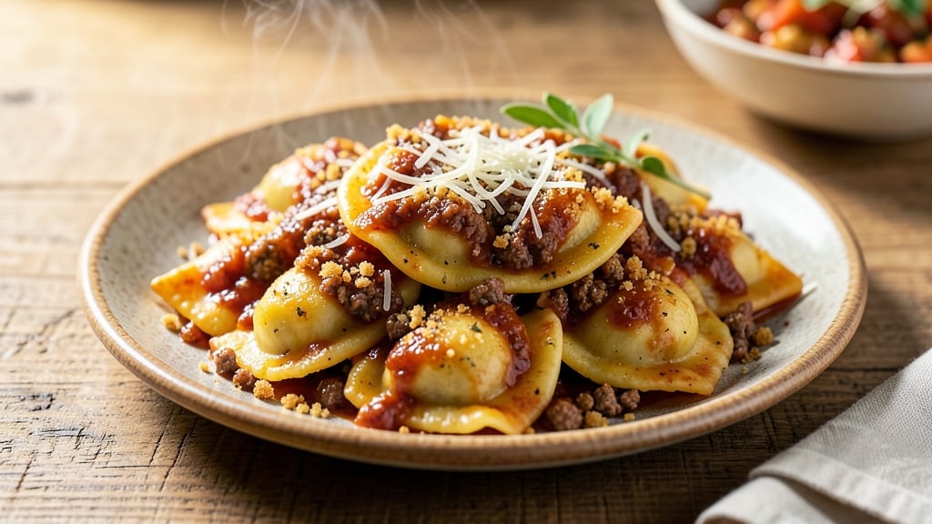 Baked Ravioli With Meat Sauce Recipe: Crispy Top, Gooey Cheese, and Rich Tomato Hug