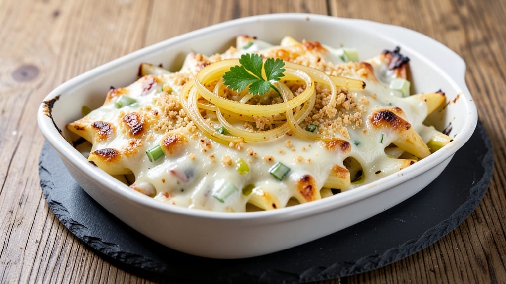 Baked White Sauce Pasta Recipe: Celery-Infused Cream With Crispy Noodle Bites