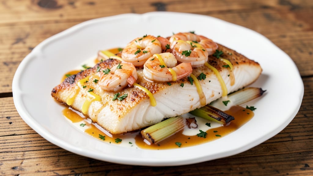 Baked Fish With Shrimp Sauce Recipe: Celery-Creamed Shrimp Glaze Over Flaky White Fish