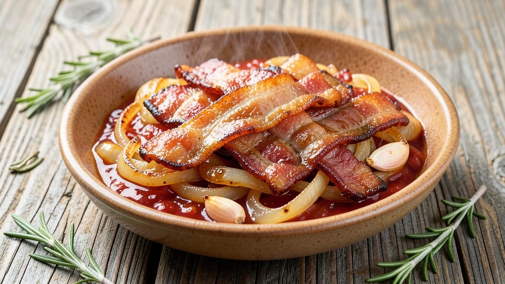 Bacon Onion Sauce Recipe: Crispy Bacon Bits Over Rich Tomato Base